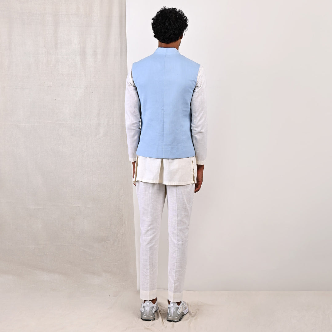 Damian -  Sky Blue Nehru Jacket with Off-White Asymmetrical Overlapped Kurta Set