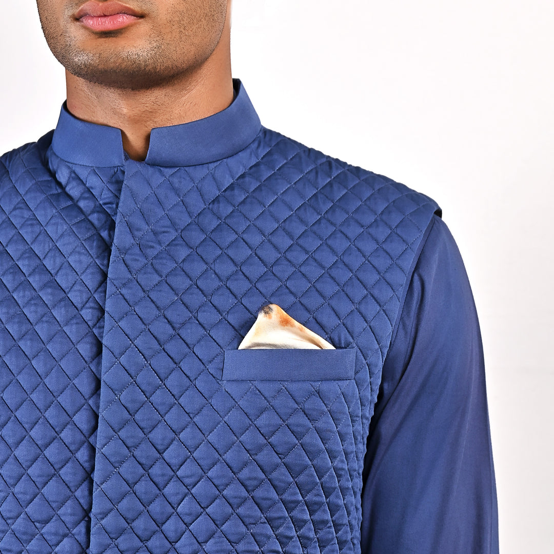 Niall - Blue Quilted Nehru Jacket with Cowl Kurta Set