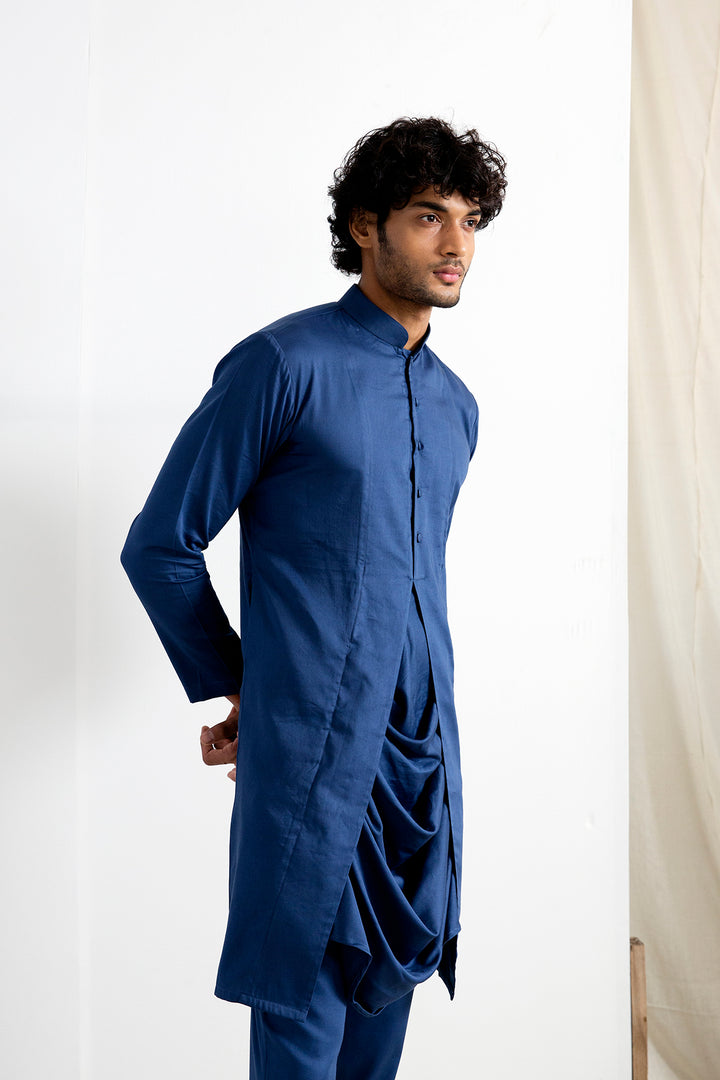 Niall - Blue Quilted Nehru Jacket with Cowl Kurta Set