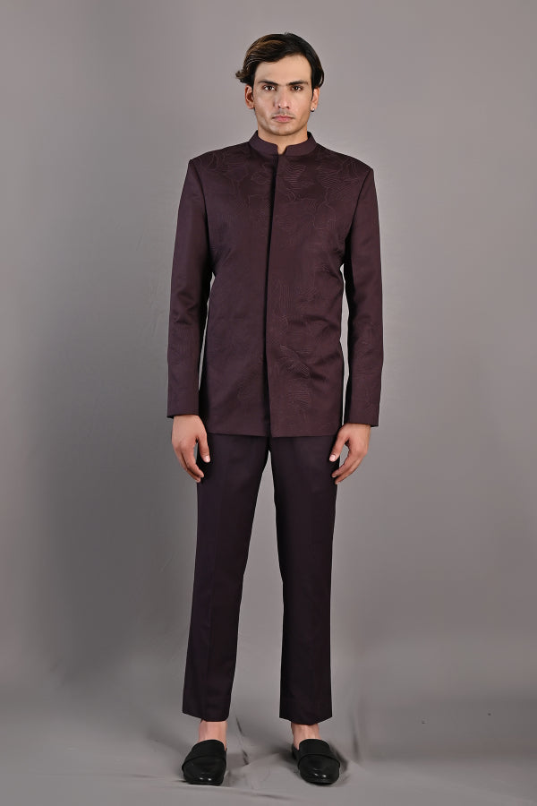 Casper - Wine Abstract Embroidered Bandhgala Jacket Set