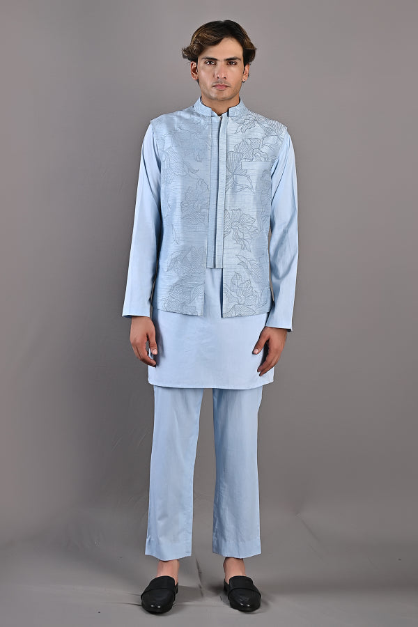 Terence - Light Blue Abstract Embroidered Nehru Jacket with Kurta Set