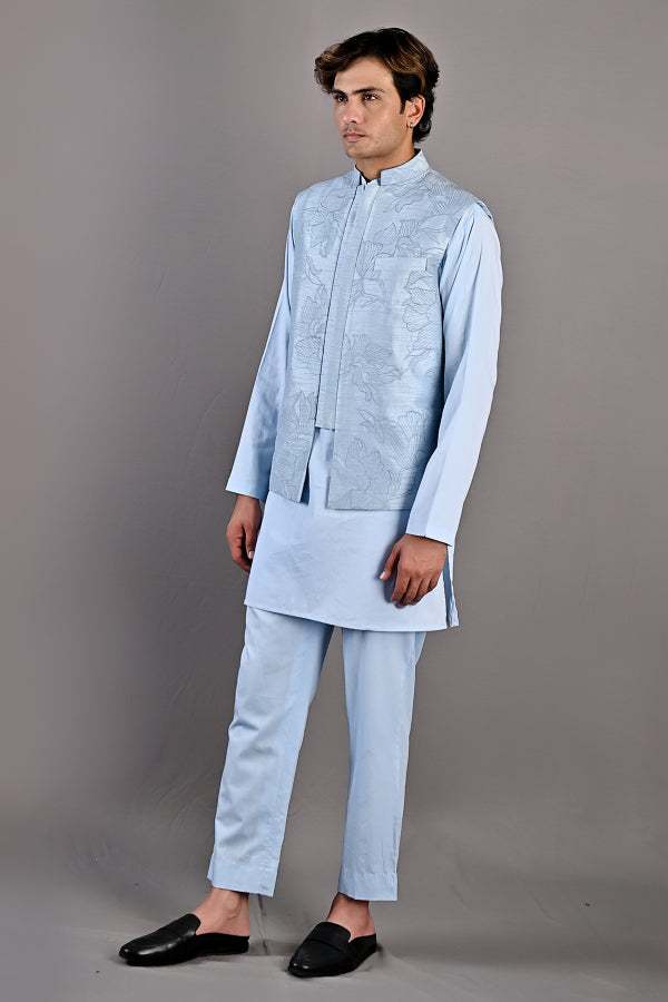 Terence - Light Blue Abstract Embroidered Nehru Jacket with Kurta Set