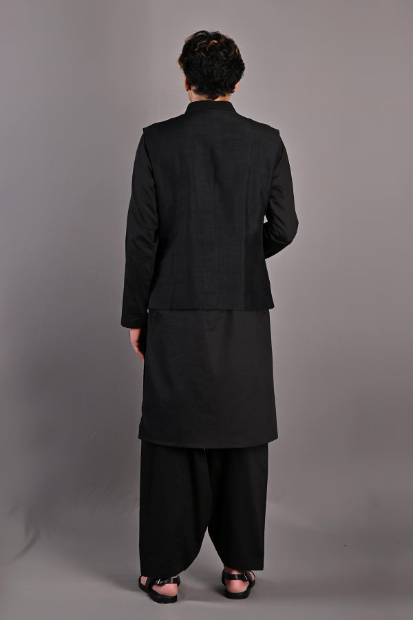 Haruka - Black Abstract Embroidered Nehru Jacket with Kurta Set