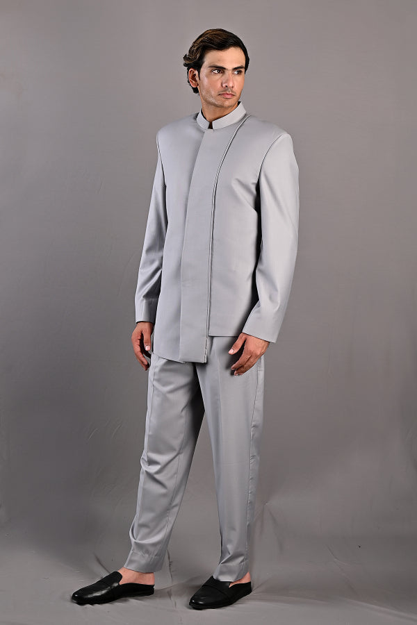 Aidin - Grey Asymmetric Bandhgala Jacket Set