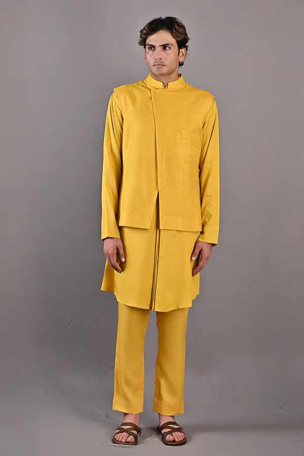 KAI - Mustard Self Textured Kurta Set With Nehru Jacket