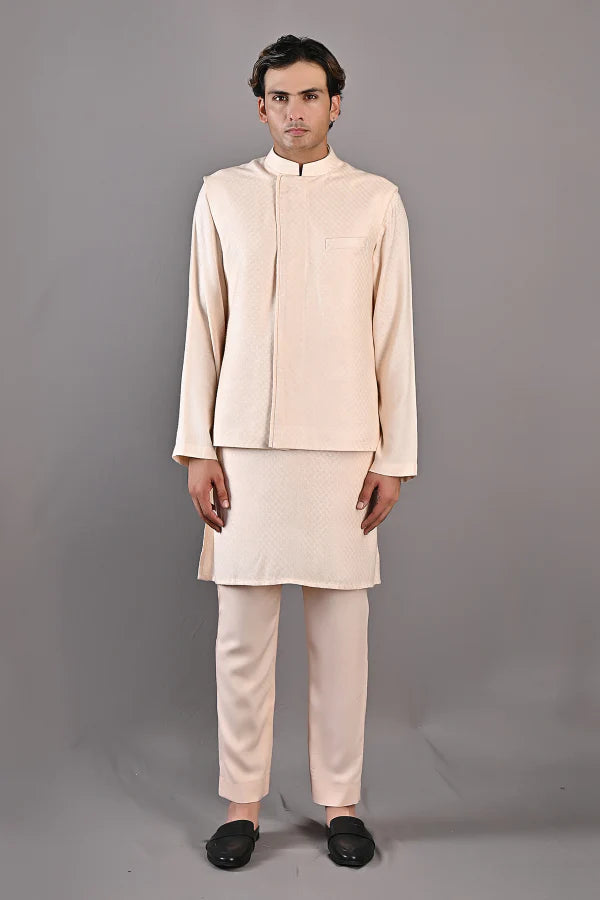 LEO - Peach Self Textured Nehru jacket With kurta set