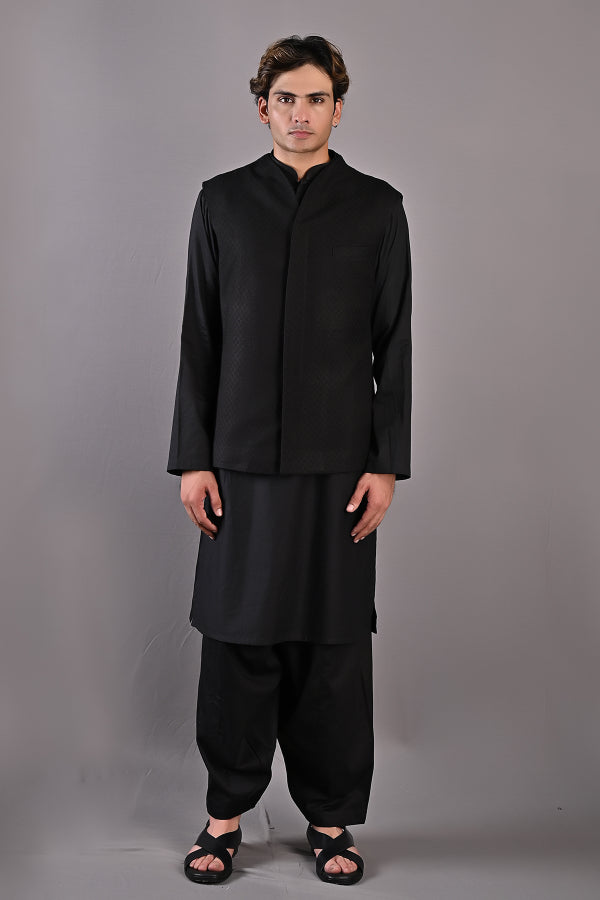 Adam - Black Self Textured Nehru jacket With Kurta set