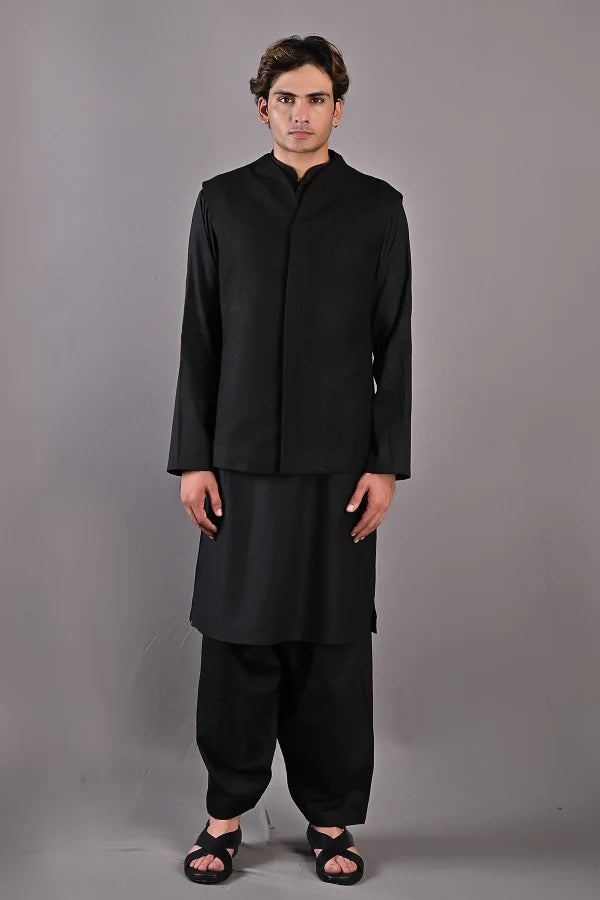 Adam - Black Textured Nehru jacket With Kurta Set