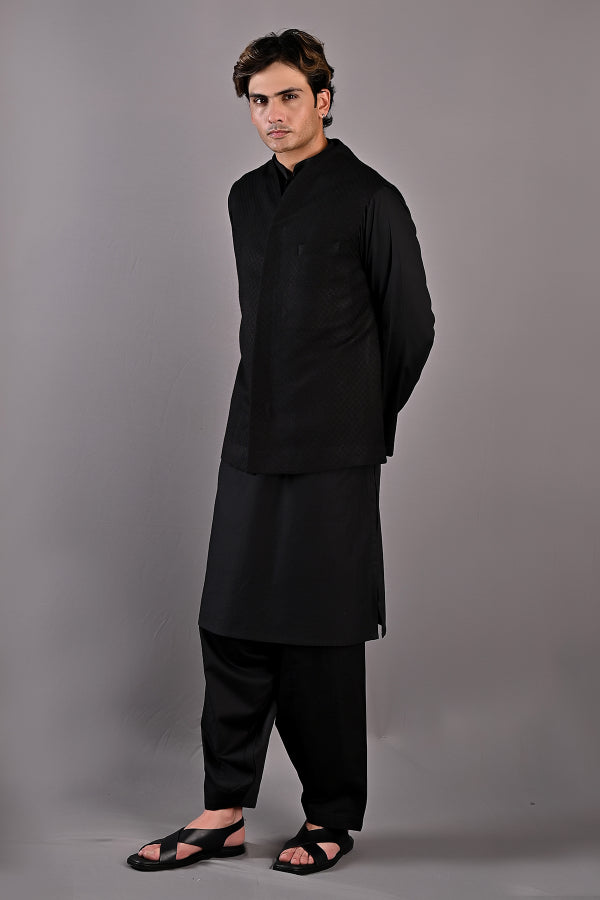 Adam - Black Self Textured Nehru jacket With Kurta set