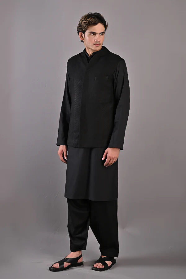 Adam - Black Textured Nehru jacket With Kurta Set