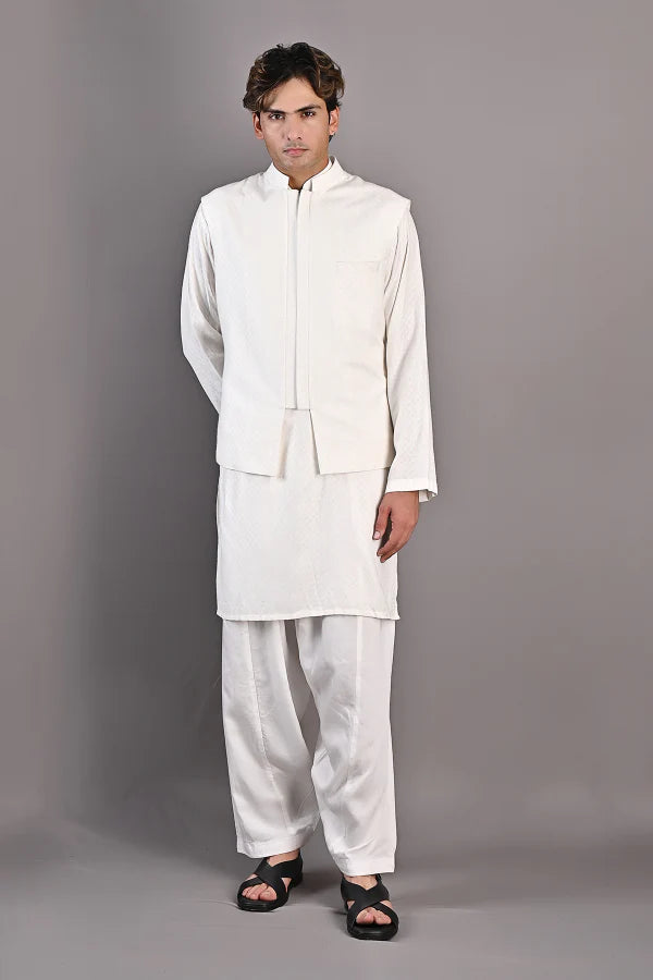 Mateo - Off White Self Textured Nehru jacket with kurta set