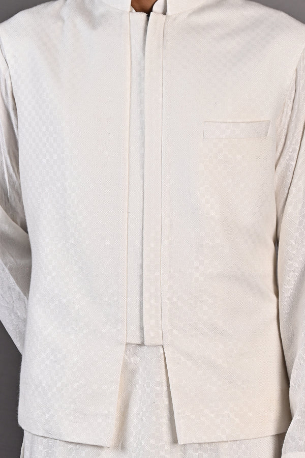 Mateo - Off White Self Textured Nehru jacket with kurta set