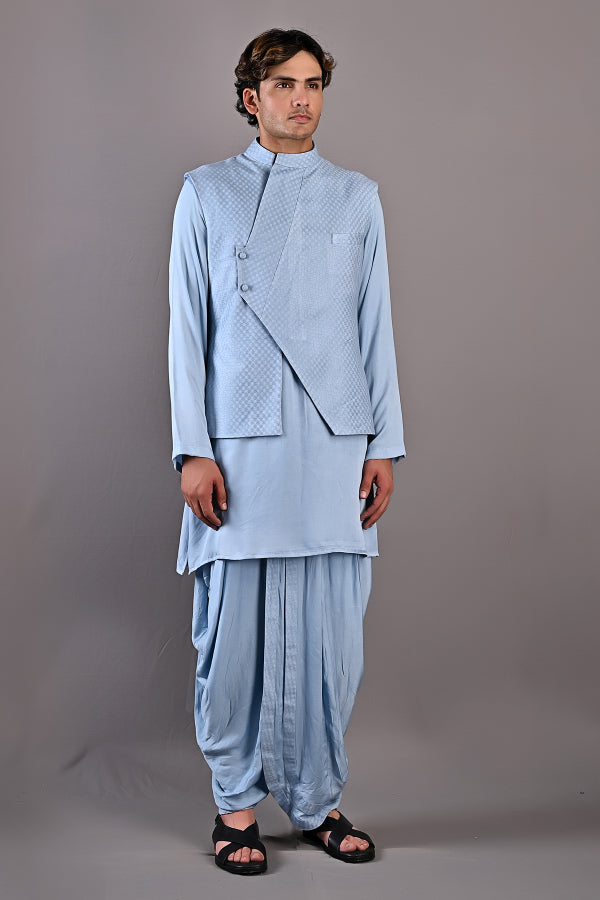 Owen - Light Blue Self Textured Nehru Jacket With Kurta Set