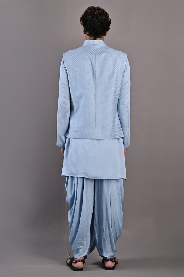 Owen - Light Blue Self Textured Nehru Jacket With Kurta Set