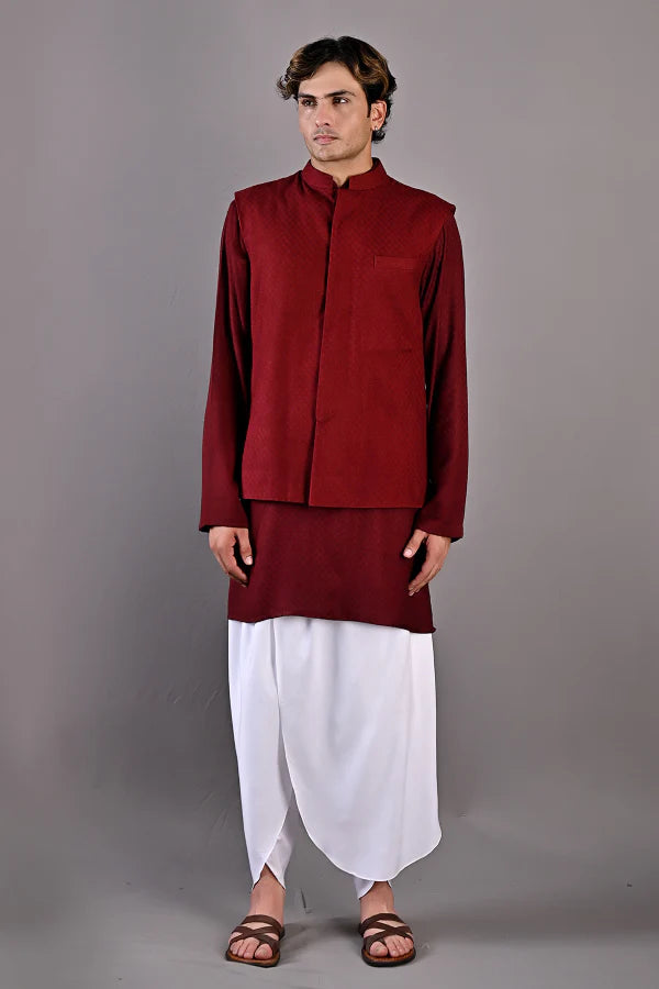DANIEL - Maroon Self Textured Nehru jacket With Kurta & White Tulip pant Set - Bohame