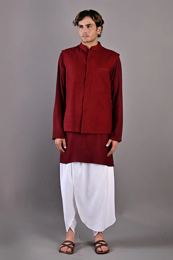 DANIEL - Maroon Self Textured Nehru jacket With Kurta & White Tulip pant Set