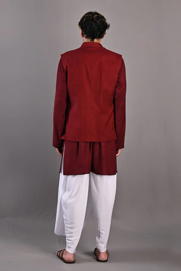 DANIEL - Maroon Self Textured Nehru jacket With Kurta & White Tulip pant Set - Bohame