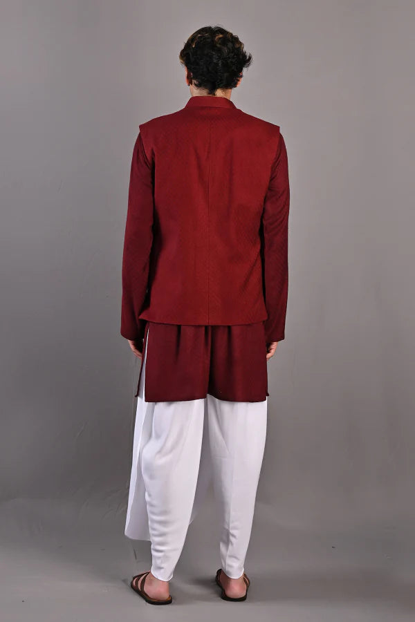 DANIEL - Maroon Self Textured Nehru jacket With Kurta & White Tulip pant Set