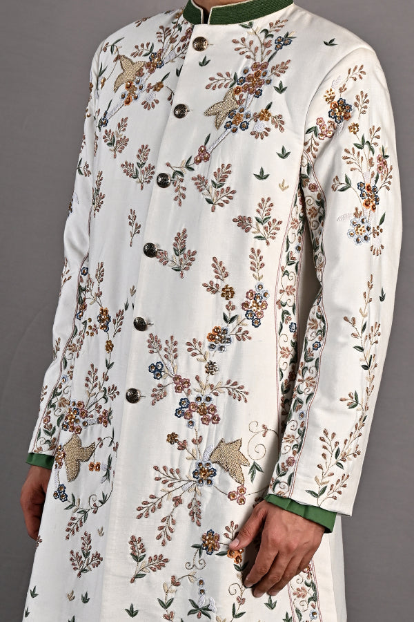 Brook - Off White Hand Embroidered Sherwani Jacket Set