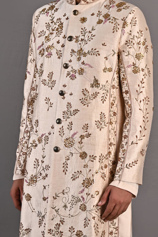 Rosen - Peach Hand Embroidered Sherwani Jacket set