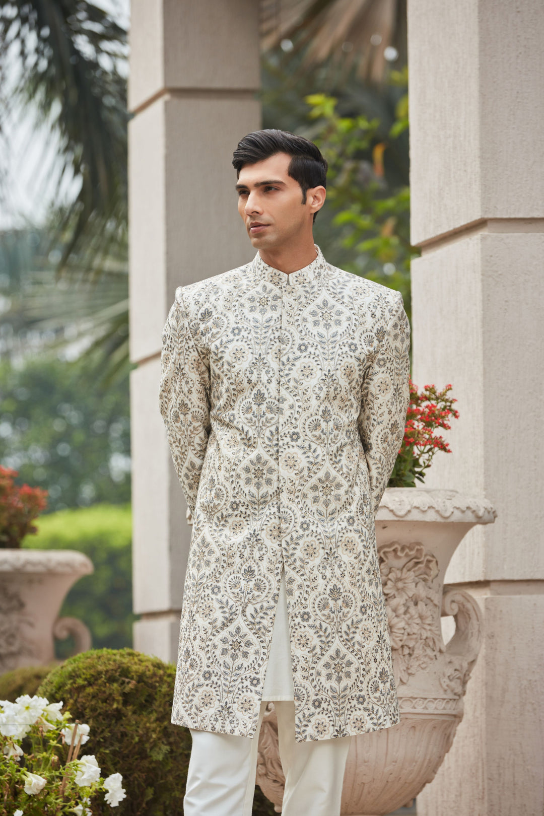 Laska - Off White Chikankari & Zari Embroidered Achkan Jacket With Kurta Set