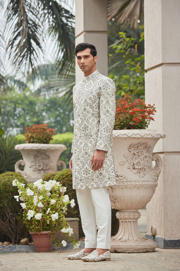Laska - Off White Chikankari & Zari Embroidered Achkan Jacket With Kurta Set
