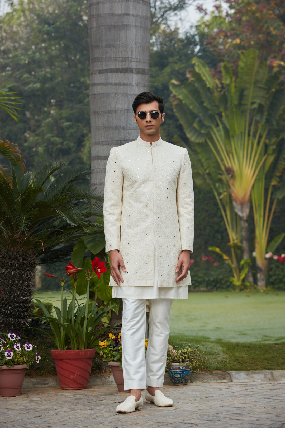 Ahim - Off White Chikankari Achkan Jacket With Kurta Set