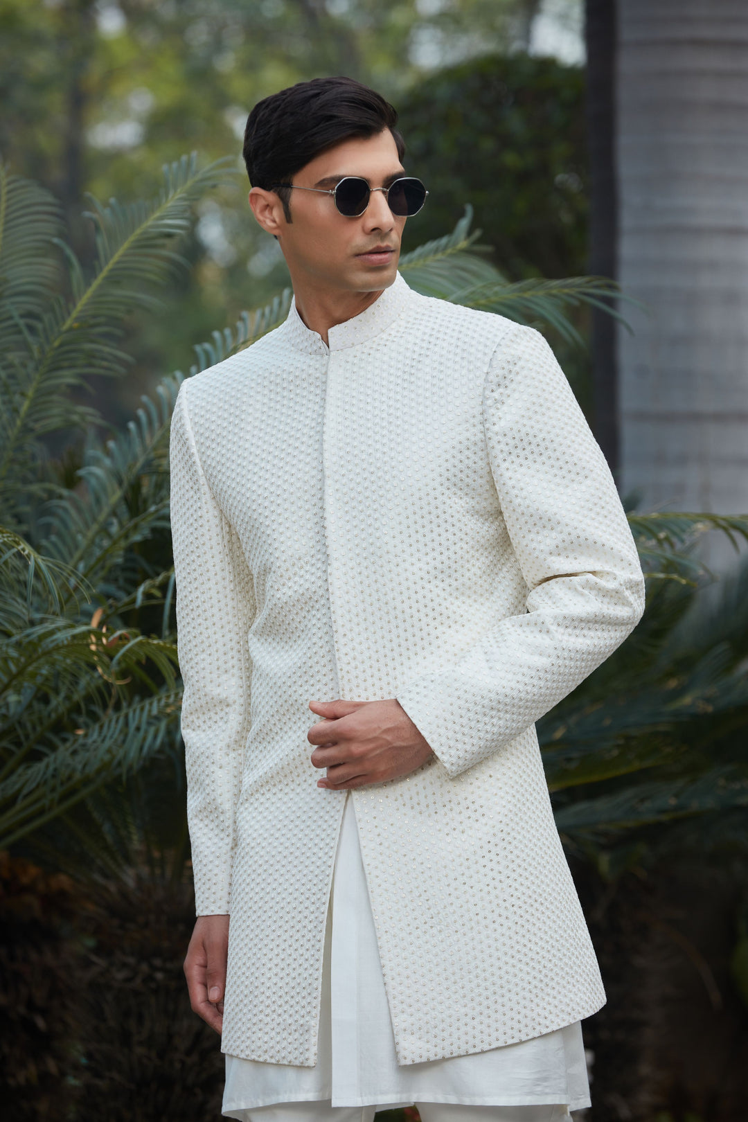 Raksa - Off White Chikankari Achkan Jacket With Front Open Kurta Set