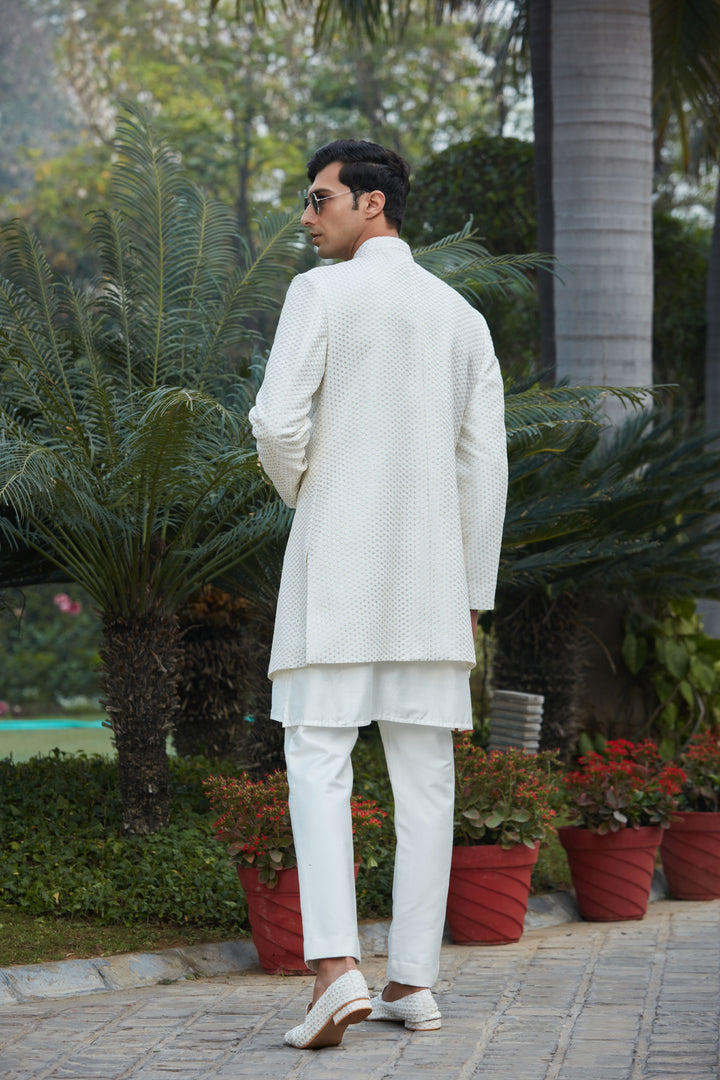 Raksa - Off White Chikankari Achkan Jacket With Front Open Kurta Set