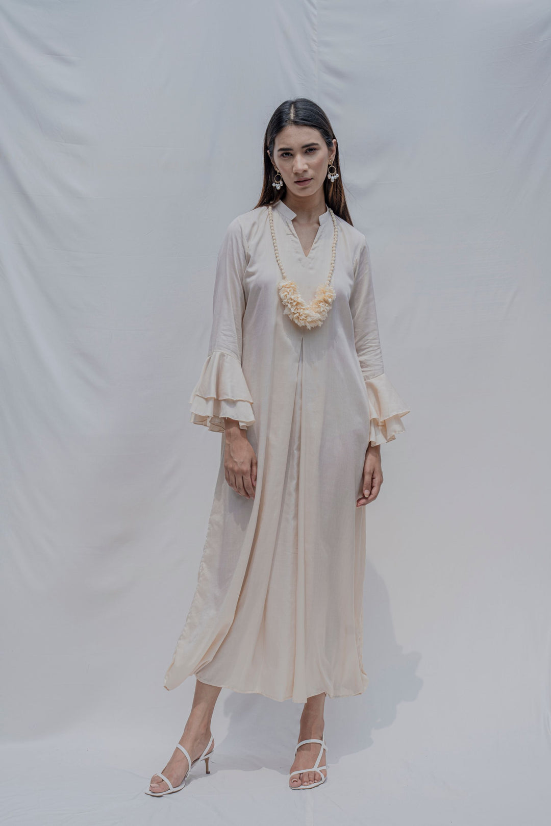 Off-White Front Pleated Dress with Bell Sleeves & Necklace