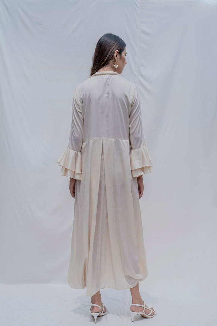 Off-White Front Pleated Dress with Bell Sleeves & Necklace
