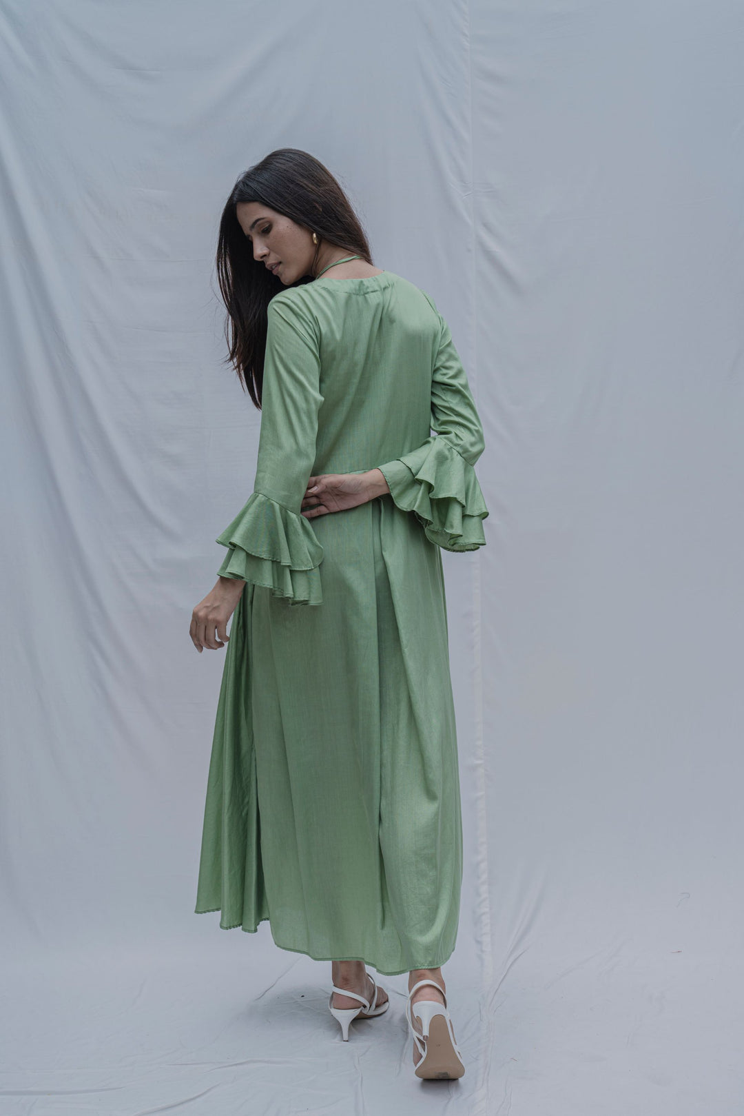 Light Green Front Pleated Dress with Bell Sleeves & Necklace