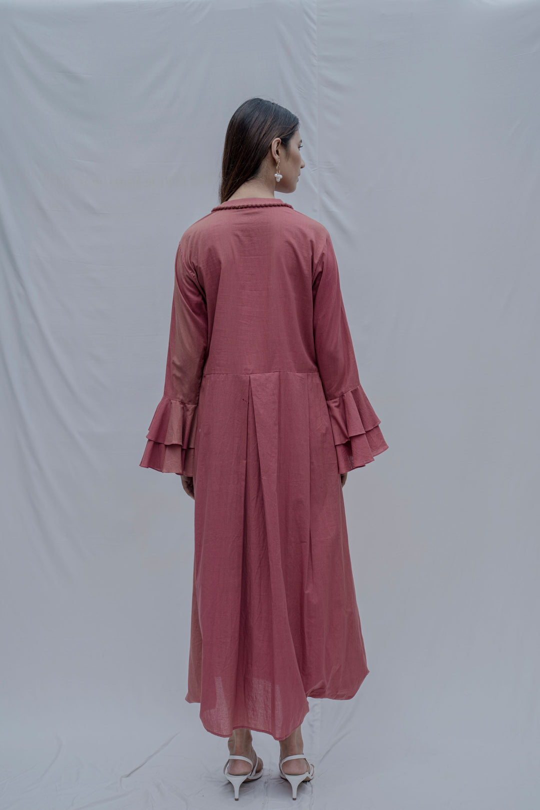 Rust Front Pleated Dress with Bell Sleeves & Necklace