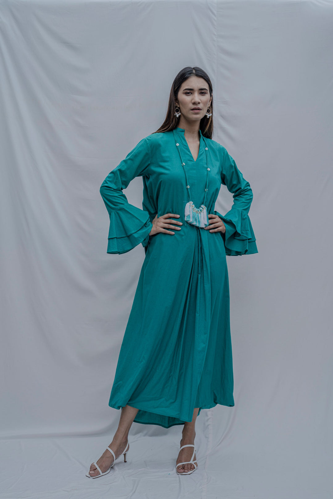 Turquoise Blue Front Pleated Dress with Bell Sleeves & Necklace