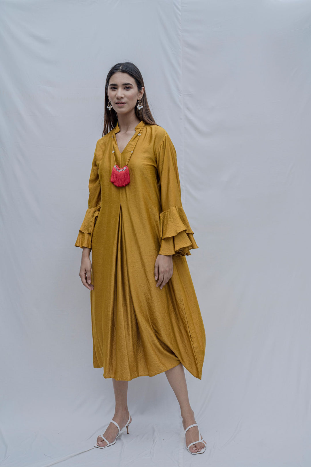 Mustard Front Pleated Cowl Dress With Bell Sleeve & Necklace