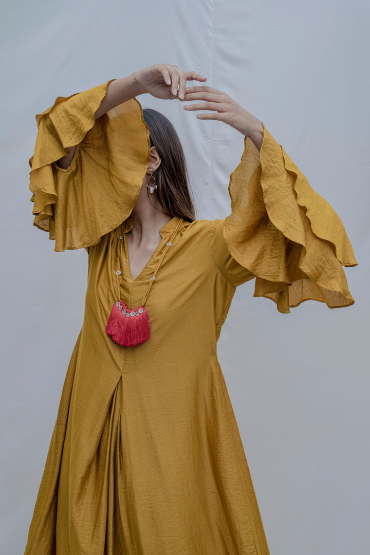 Mustard Front Pleated Cowl Dress With Bell Sleeve & Necklace