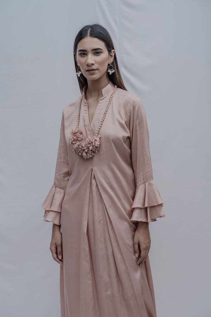 Rose Gold Front Pleated Dress with Bell Sleeves & Necklace