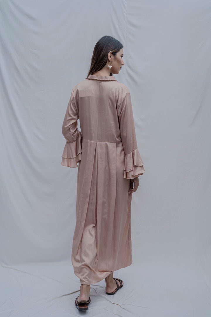 Rose Gold Front Pleated Dress with Bell Sleeves & Necklace