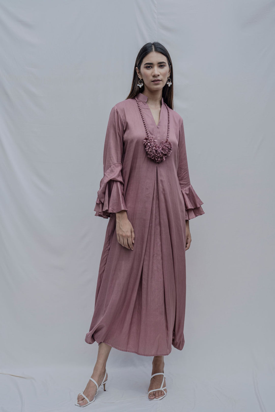 Mauve Front Pleated Dress with Bell Sleeves & Necklace