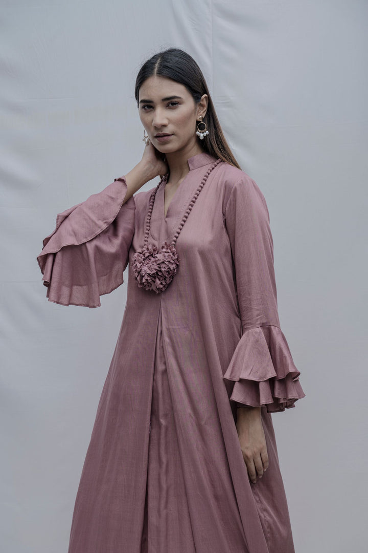 Mauve Front Pleated Dress with Bell Sleeves & Necklace
