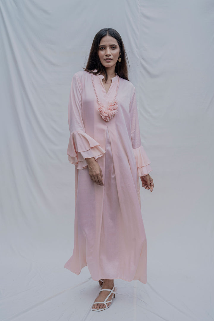 Light Pink Front Pleated Dress with Bell Sleeves & Necklace