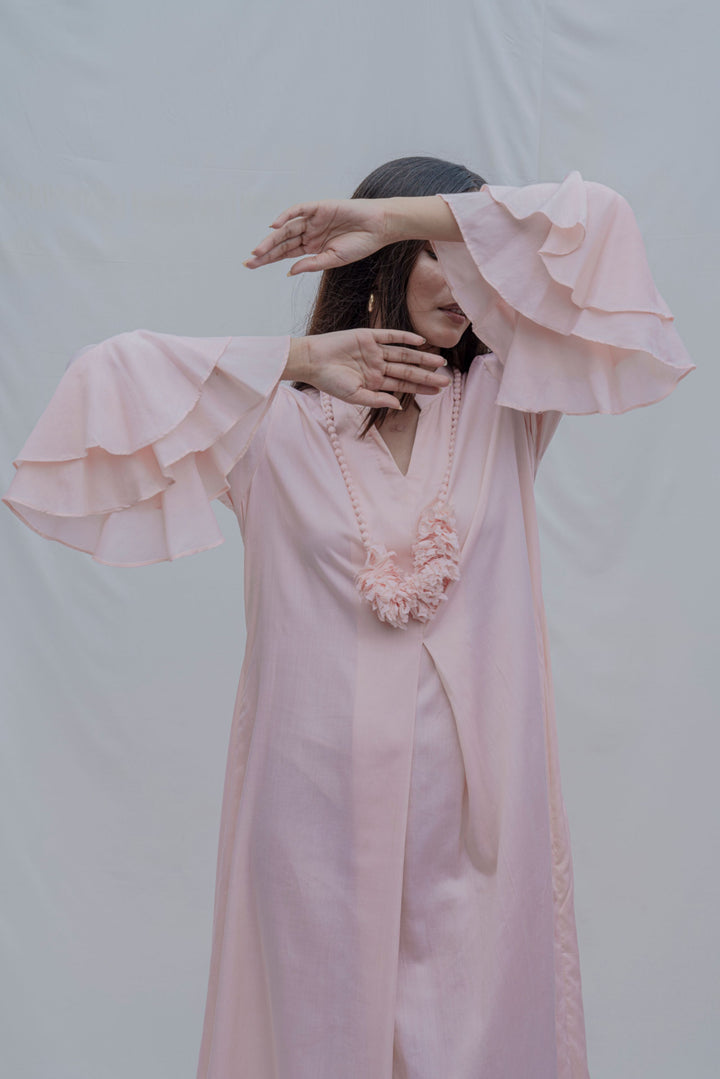 Light Pink Front Pleated Dress with Bell Sleeves & Necklace