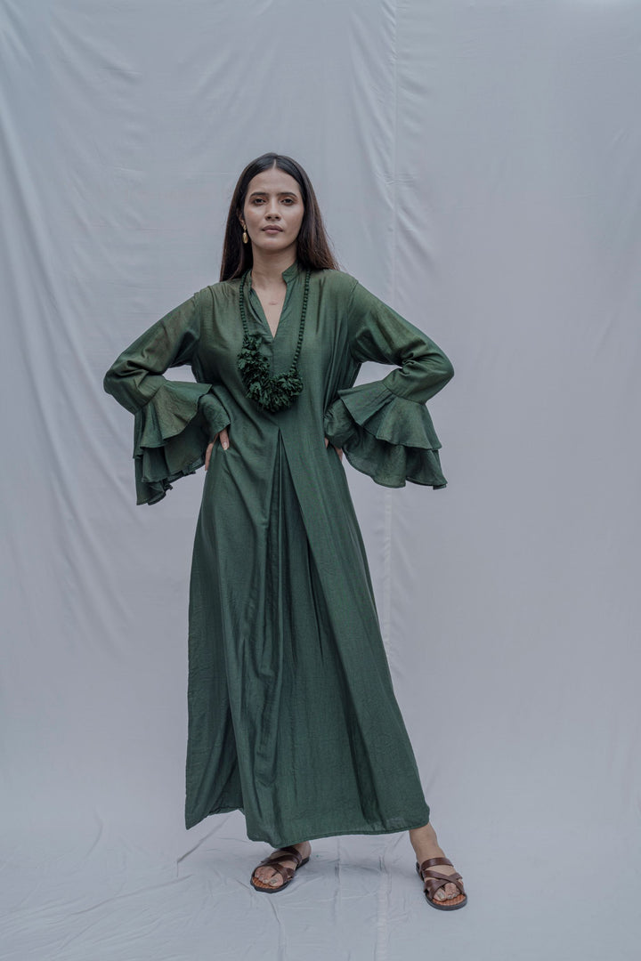 Bottle Green Front Pleated Dress with Bell Sleeves & Necklace