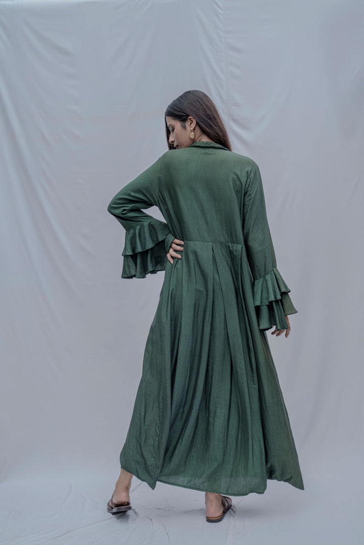Bottle Green Front Pleated Dress with Bell Sleeves & Necklace