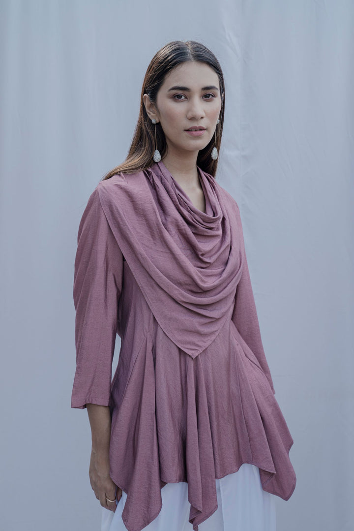 Dream Cowl Top in Mauve and Tulip Dhoti in White - Set