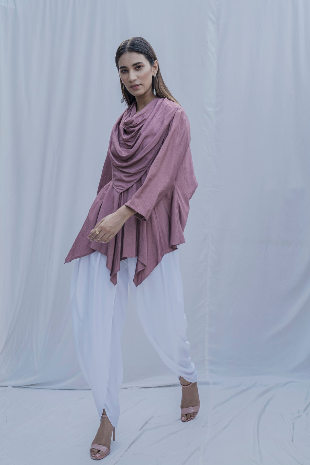 Dream Cowl Top in Mauve and Tulip Dhoti in White - Set