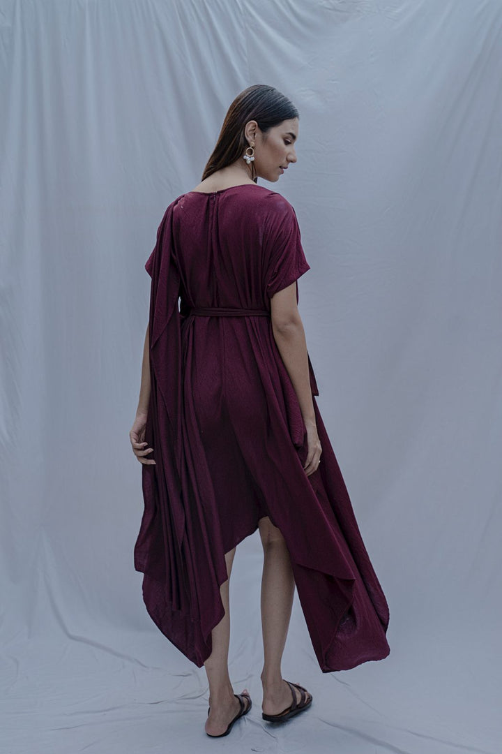 Jess- Wine Overlap Asymmetric Draped Dress