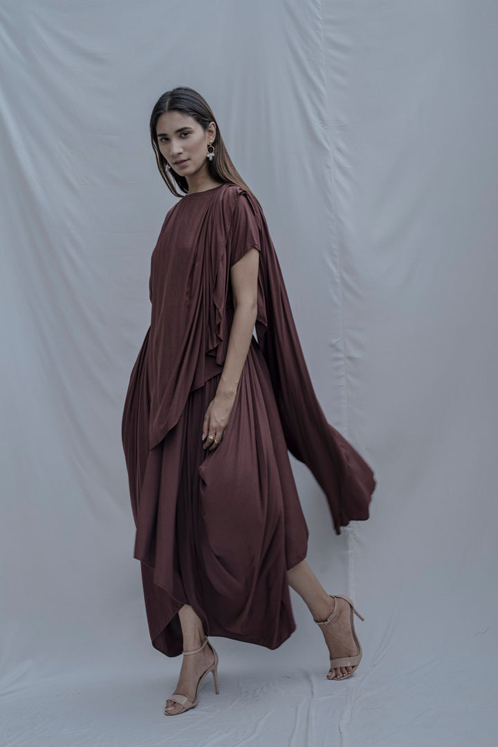 Jess- Brown Overlap Asymmetric Draped Dress