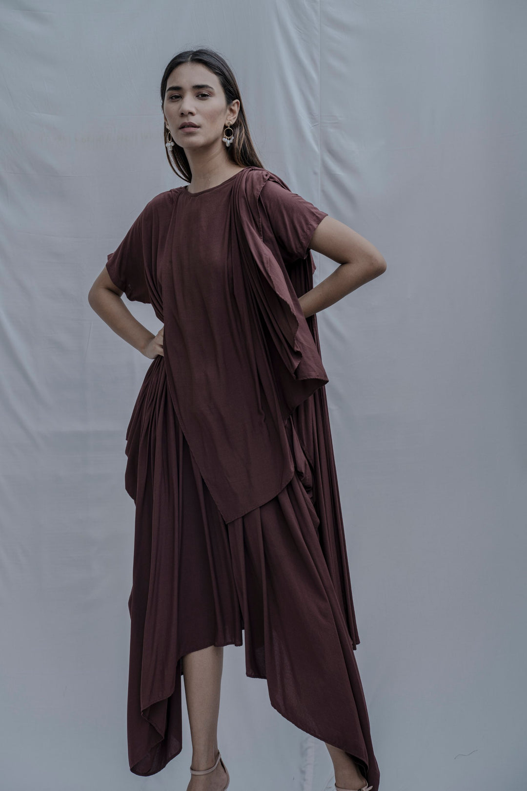 Jess- Brown Overlap Asymmetric Draped Dress