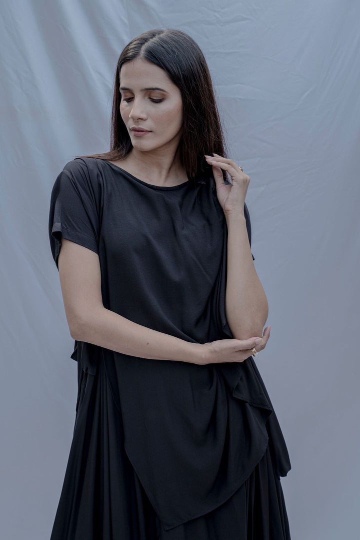 Jess- Black Overlap Asymmetric Draped Dress